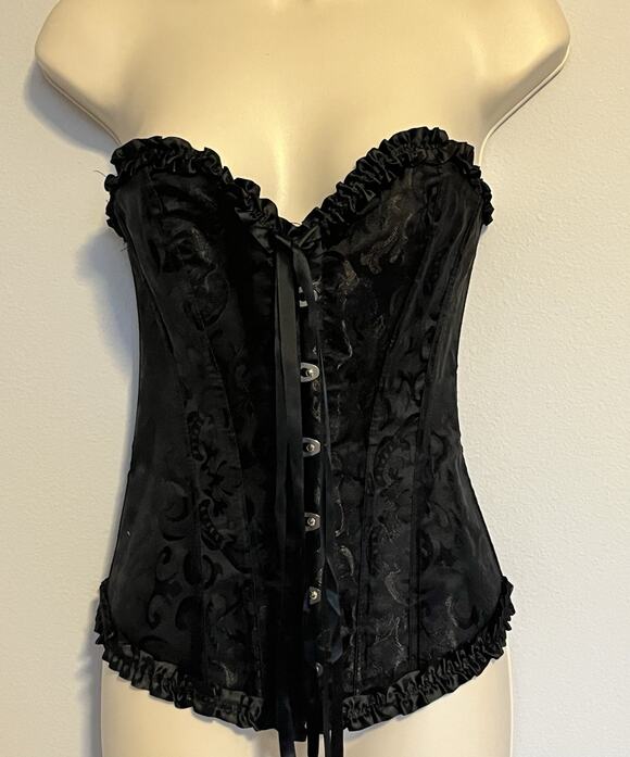 Unbranded Tops - Women's Black Satin Brocade Corset Busk Front Lace up Back S Goth Witchy Pirate